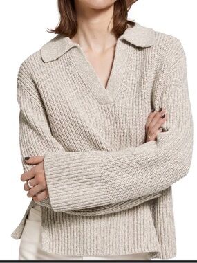 & Other Stories Cream Ribbed V‑Neck Collared Sweater